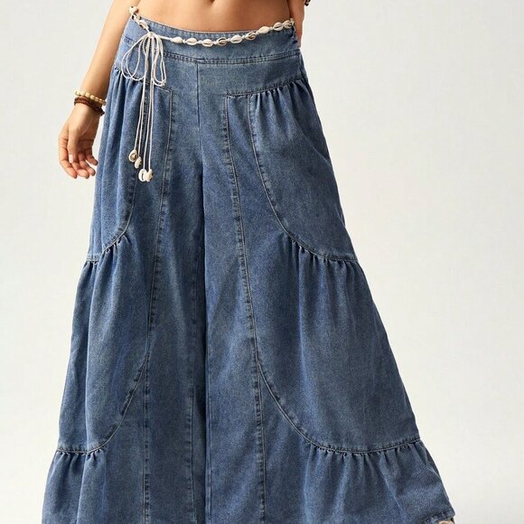 Blue Casual Women's Woven Loose Wide-Leg Washed Denim Pants - Picture 4 of 8